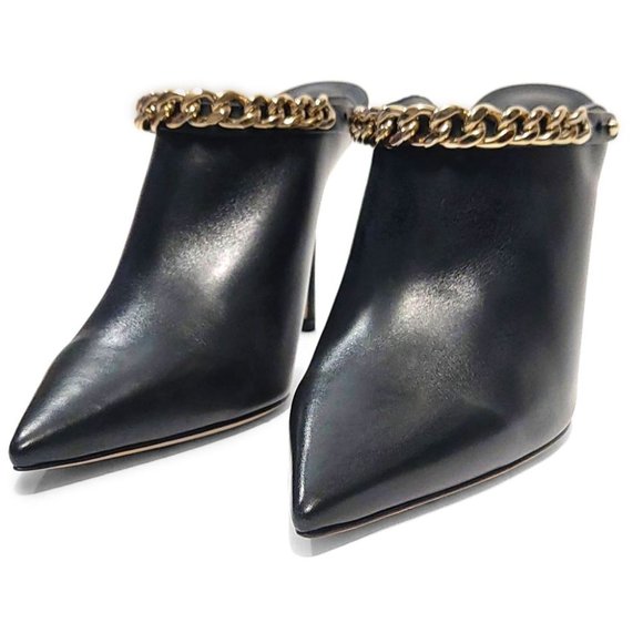 Jimmy Choo Lexx 100 Black Leather Gold Color Chain EU 37 US 7 Mules - Picture 2 of 12
